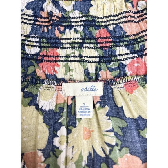 Odille Navy Floral Smocked Neck Long Sleeve Top Size 2 - Picture 6 of 9